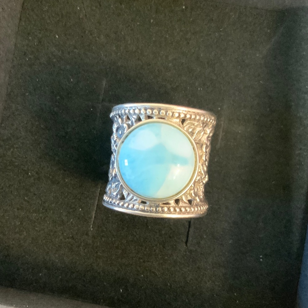 CFJ Sterling Silver Ring With Round Larimar Stone and Floral Engravings
